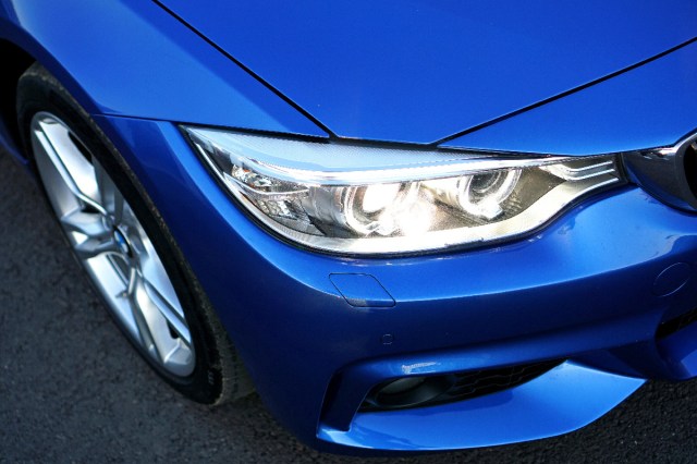 A close up view of a blue car