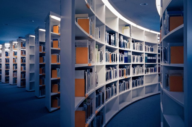 A library in blue light
