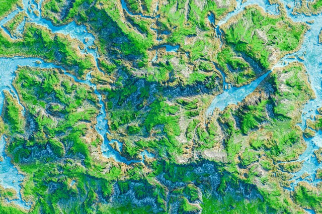  3D render of a green terrain with mountains and rivers from an aerial view 