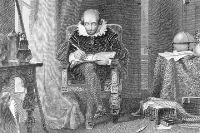 Shakespeare sitting in a chair writing