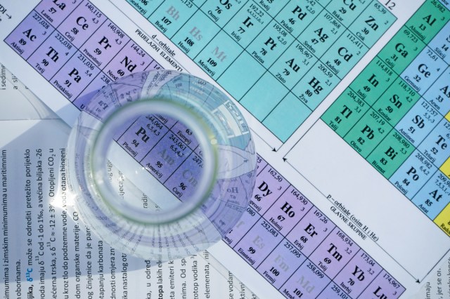 A glass beaker on a paper with the periodic table of elements